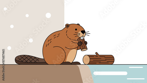 Cute Beaver Character Cartoon With Logs Near Water Illustration Design