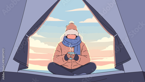 Cozy Morning Retreat Inside A Tent With Calming Skies And Warm Beverage