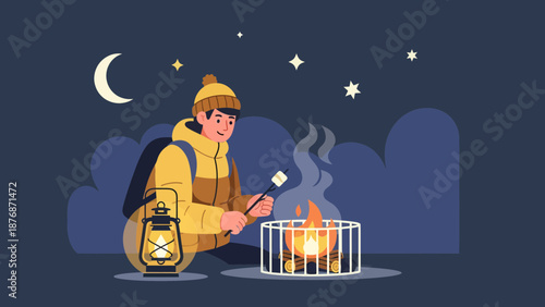 Cozy Nighttime Campfire Scene Featuring a Young Adventurer With Marshmallow