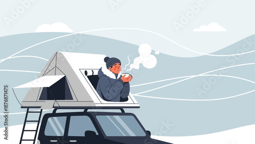Cozy Morning Escape Person Enjoying Hot Beverage In Roof Tent Car Top Expedition