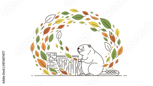 Cute Beaver Building a Dam with Colorful Autumn Leaves Falling around Him