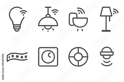 Smart home linear icons set. featuring lightbulb, ceiling light, cup, lamp, doorbell, washing machine, shield, robot symbols