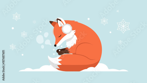 Cozy Winter Fox In Earmuffs Resting On A Snowy Cloud Background