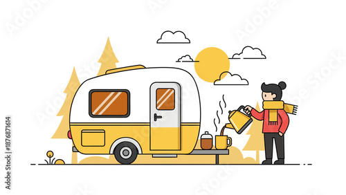 Cozy Winter Camping Scene With Camper And Hot Beverage Illustration