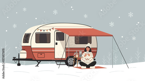 Cozy Winter Camping Retreat With Decorated Vintage Caravan And Enjoying A Hot Drink