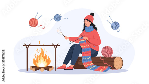 Cozy Winter Knitting Scene With Fireplace And Toasted Marshmallows Illustration