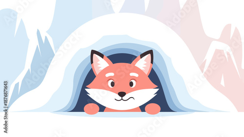 Cute Fox Peeking Out Of Snowy Burrow In Cold Winter Landscape Scene