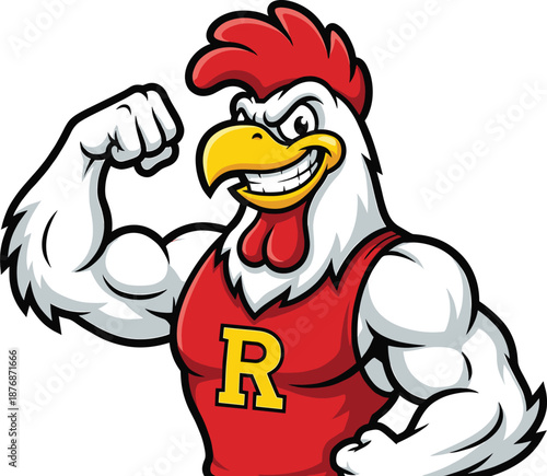 Strong cartoon rooster mascot flexing muscles, powerful chicken character illustration for sports team, fitness branding, competition, and strength concept in bold colorful vector style