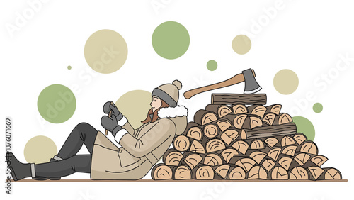 Cozy Winter Relaxation Woman Relaxes Near Firewood Stack While Using Mobile Device
