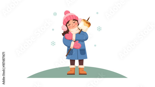 Cute Girl Warmly Dressed With Marshmallow In Winter Wonderland Adventure Illustration
