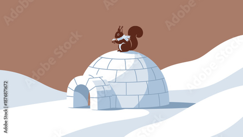Cozy Winter Scene Featuring a Squirrel on Top of an Igloo Illustration