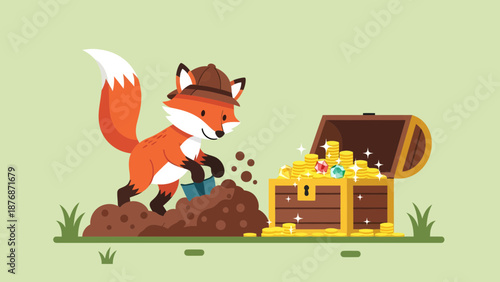 Cute Fox Explorer Discovers Treasure Chest Illustration For Children's Book