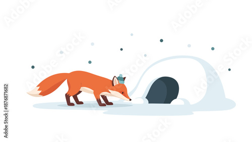 Cute Fox Investigating A Snow Den On A Winter Day Scene Illustration