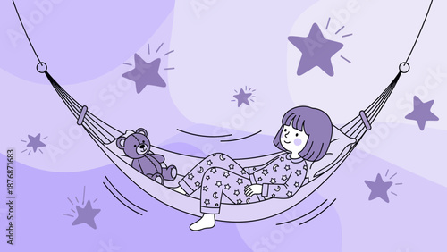 Cute Girl Relaxing In Hammock Under Starry Sky Dreaming Before Sleep