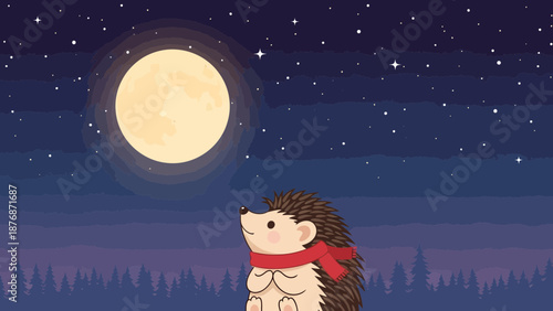 Cute Hedgehog Gazing At The Moon In A Peaceful Night Landscape Scene