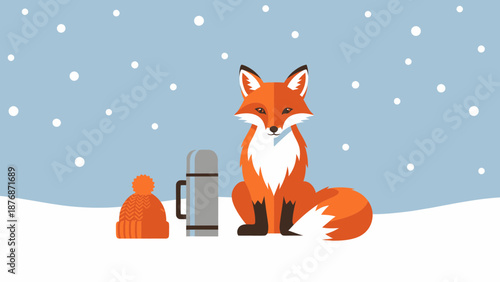 Cozy Winter Scene With Fox Relaxing With Hot Drink In The Snowfall