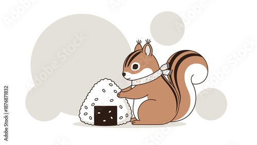 Cute Squirrel Holding an Onigiri Rice Ball for a Charming Food Illustration