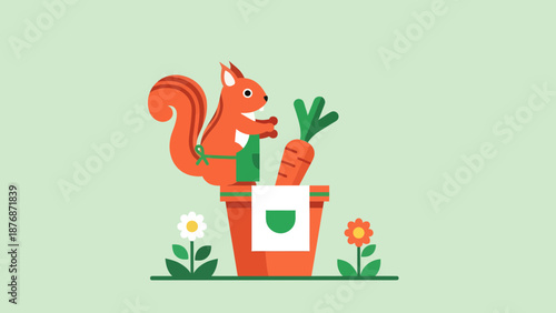 Cute Squirrel In Garden With Carrots And Flowers Flat Vector Design