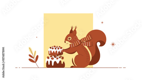 Cute Squirrel Preparing Delicious Birthday Cake With Decorative Scarf