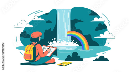 Creative Artist Capturing the Beauty of a Waterfall Landscape on Canvas