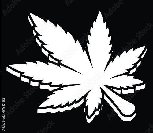 White cannabis leaf silhouette illustration on black background, minimal vector design representing marijuana, hemp plant symbol, modern botanical icon, stencil style graphic element