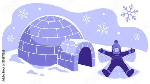 Cute Winter Scene Child Making Snow Angel Near Igloo Holiday Illustration