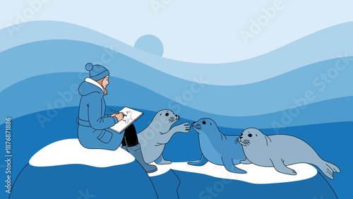 Creative Artist Sketching Sea Lions on Ice in Arctic Scenery Near Ocean