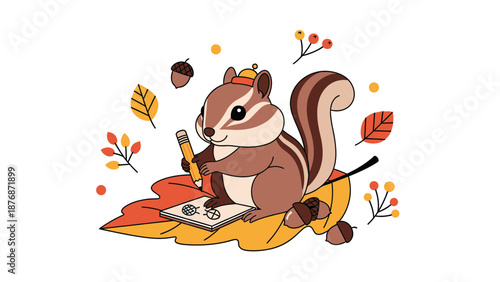 Creative Autumn Chipmunk Illustrator Sketching Designs on a Leaf Cartoon Scene