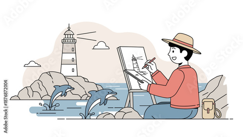 Creative Coastal Escape Man Painting Scenic Lighthouse With Playful Dolphins Scenery