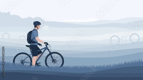 Cyclist Enjoying Mountain Biking In Serene Landscape With Misty Mountain Backdrop