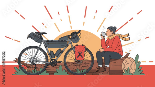 Cyclist Enjoying Hot Drink While Resting Next to Touring Bicycle on Wooden Log
