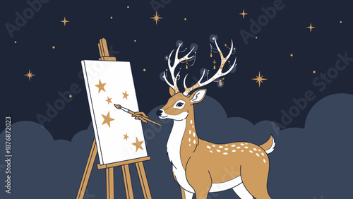Creative Deer Paints Stars On Canvas Under A Dreamy Night Sky Art Concept