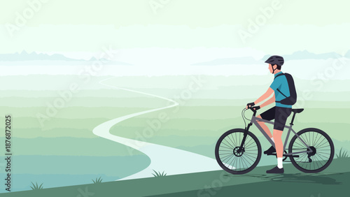 Cyclist Enjoying Nature And Mountain Views While Pausing On A Bike Trail