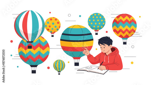Creative Dreamer Boy Imagining Hot Air Balloon Adventure On Paper Illustration