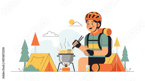 Cyclist Enjoying Noodles At Campsite During An Outdoor Adventure Expedition
