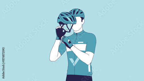 Cyclist Getting Ready For A Ride Puts On His Safety Helmet Illustration