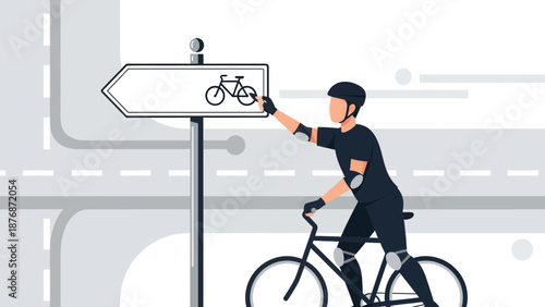 Cyclist Following Route On Bike Lane Sign Direction For City Tour