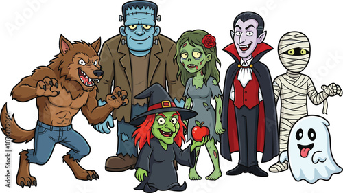 Funny Halloween monster cartoon characters set including werewolf, Frankenstein, zombie, vampire, mummy, witch, and ghost, perfect for spooky designs, kids illustrations, and festive horror themes
