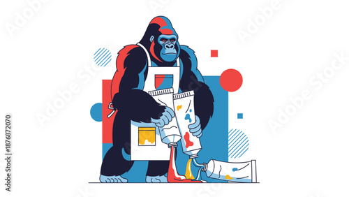 Creative Gorilla Wearing Apron Squeezing Out Colorful Paints On White Backdrop