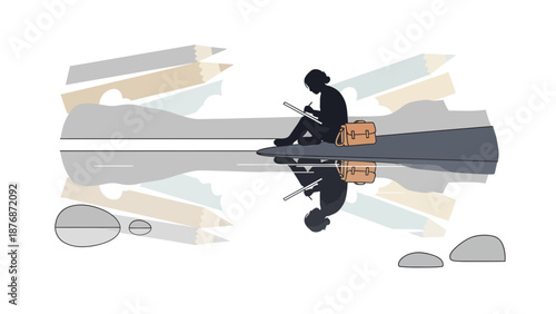 Creative Illustration Of An Artist At Work Reflecting In Water