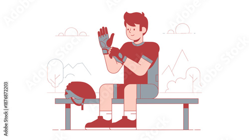 Cyclist Readying For A Ride Puts On Gloves With Mountain Landscape Scene