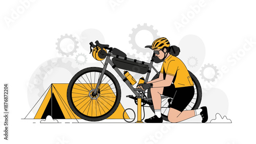Cyclist Preparing For Touring Adventure Pumping Air Into Tire At Campsite