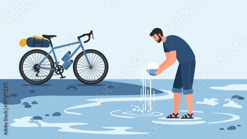 Cyclist Refreshing Himself In The Lake After a Cycling Travel Holiday Adventure