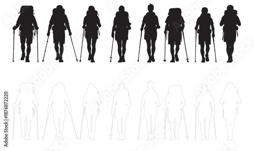 Set of hiker silhouettes and outlines: Front view of backpackers with trekking poles