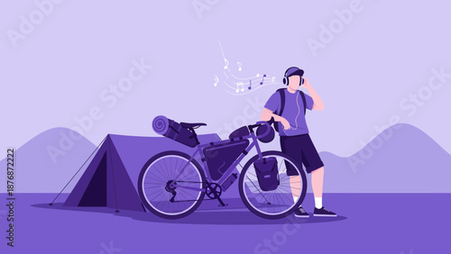 Cyclist Relaxing With Music After Adventure Cycling Beside Camping Tent