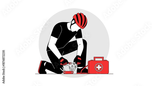Cyclist Repairing Bicycle With Tool Next To First Aid Kit On White Backdrop