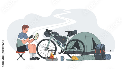 Cyclist Resting With Digital Map After Tour Biking Adventure Trip
