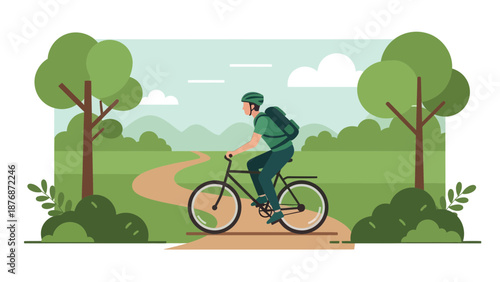 Cyclist Riding Bicycle On Trail Through Summer Green Landscape Illustration