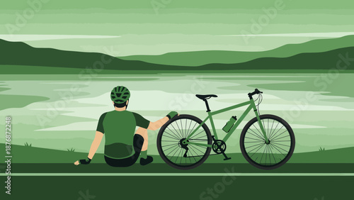 Cyclist Resting Beside Lake Enjoying Nature Serene Scenery After Hard Biking