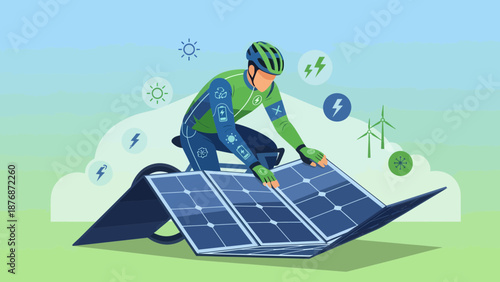 Cyclist Setting Up Portable Solar Panels For Eco Friendly Energy Generation
